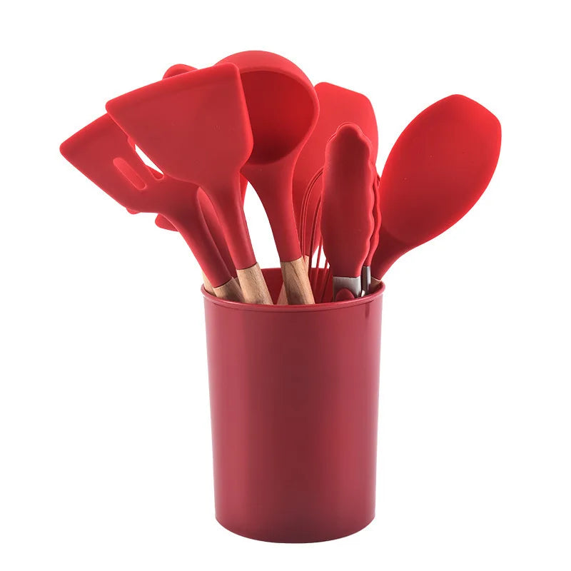 12Pcs Wooden Handle Silicone Kitchen Utensils