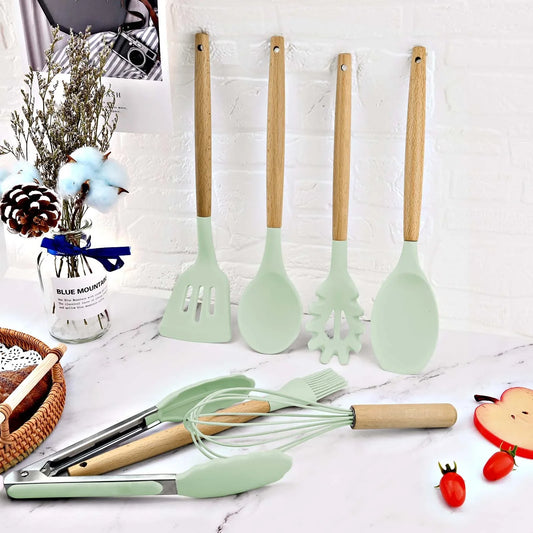 12Pcs Wooden Handle Silicone Kitchen Utensils