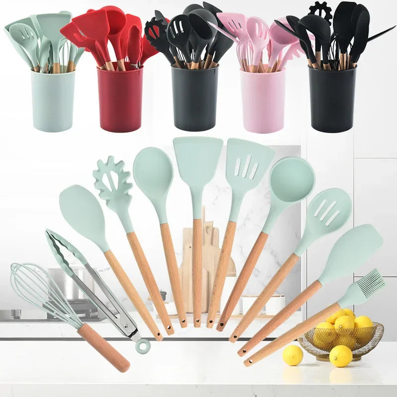 12Pcs Wooden Handle Silicone Kitchen Utensils