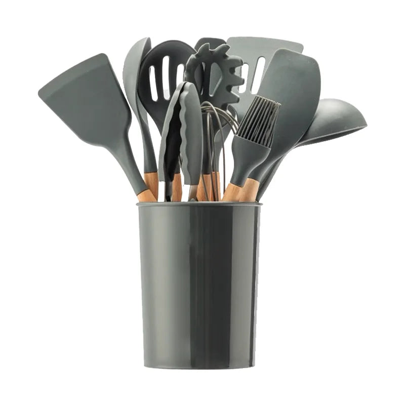 12Pcs Wooden Handle Silicone Kitchen Utensils