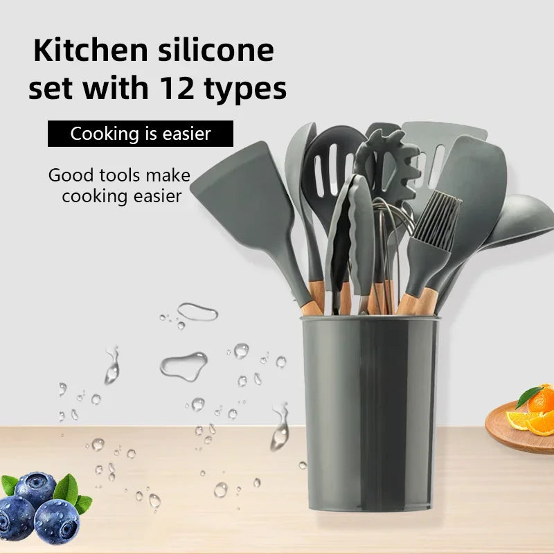 12Pcs Wooden Handle Silicone Kitchen Utensils