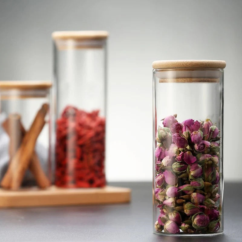 Bamboo Covered High Food Sealed Glass Container