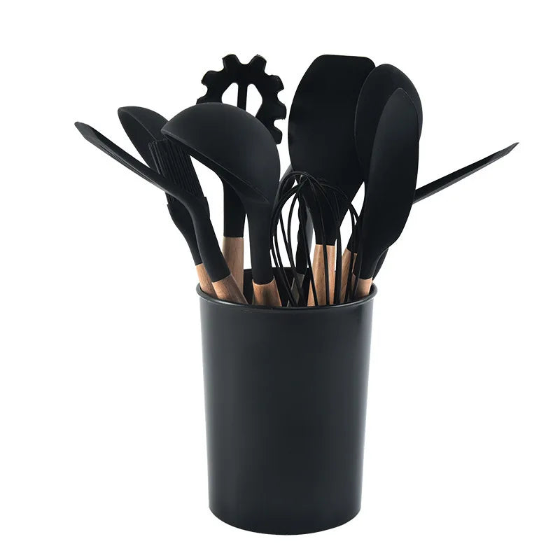 12Pcs Wooden Handle Silicone Kitchen Utensils