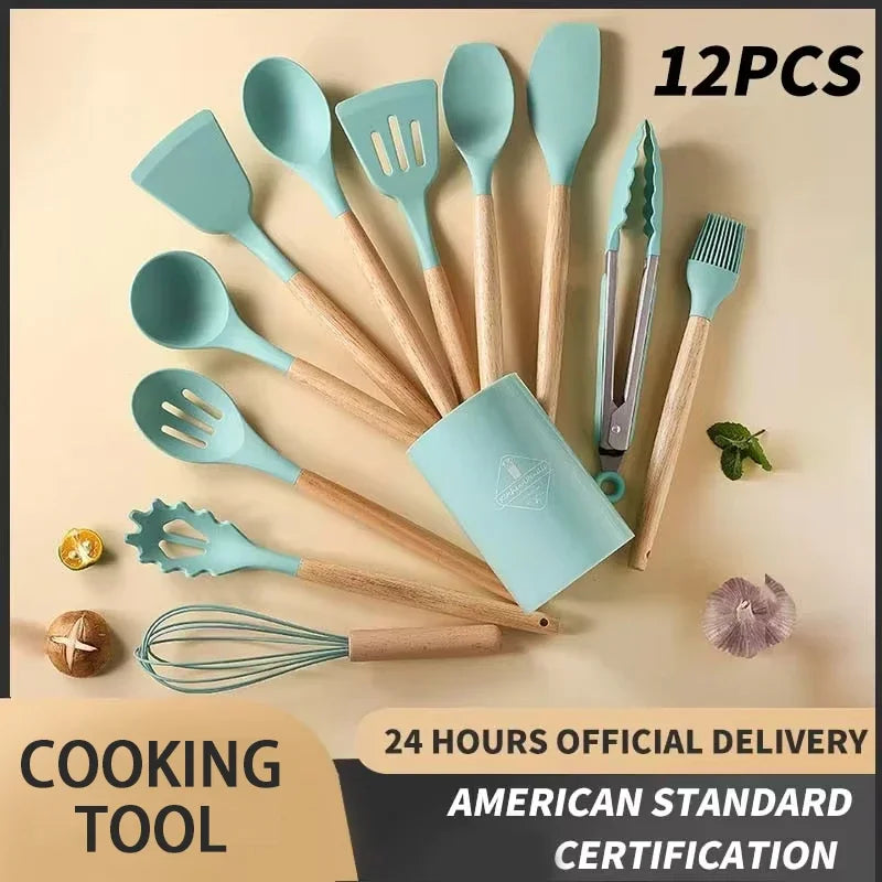 12Pcs Wooden Handle Silicone Kitchen Utensils