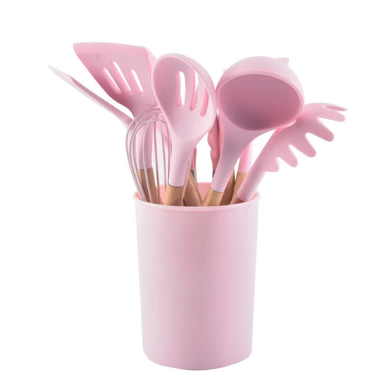 12Pcs Wooden Handle Silicone Kitchen Utensils